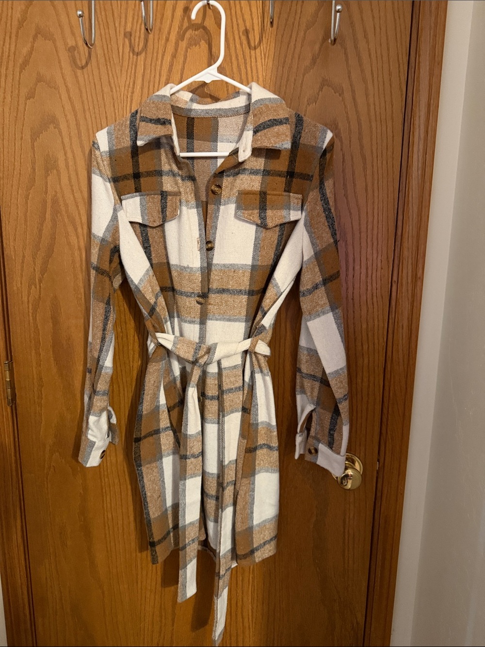 Plaid Shirt Dress with Tie Belt - Cream & Brown